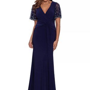 BETSY & ADAM Beaded-Sleeve Gown NAVY
